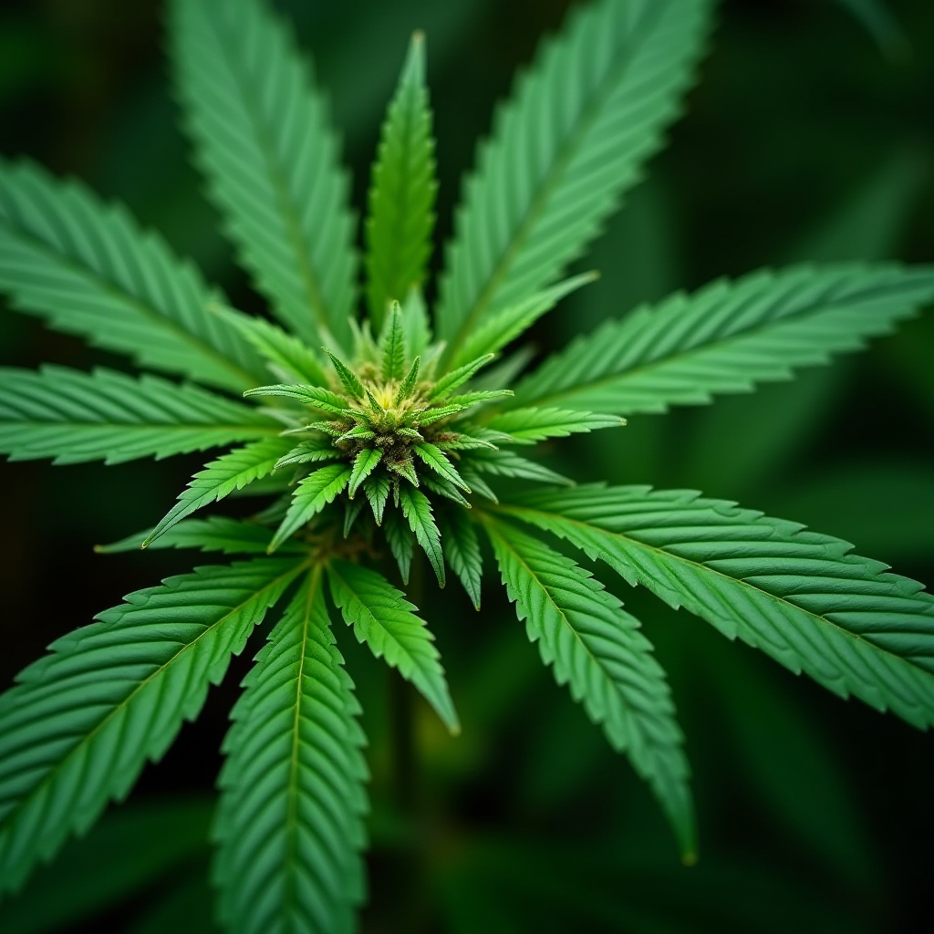 A vibrant green cannabis plant with detailed leaves radiates outward.