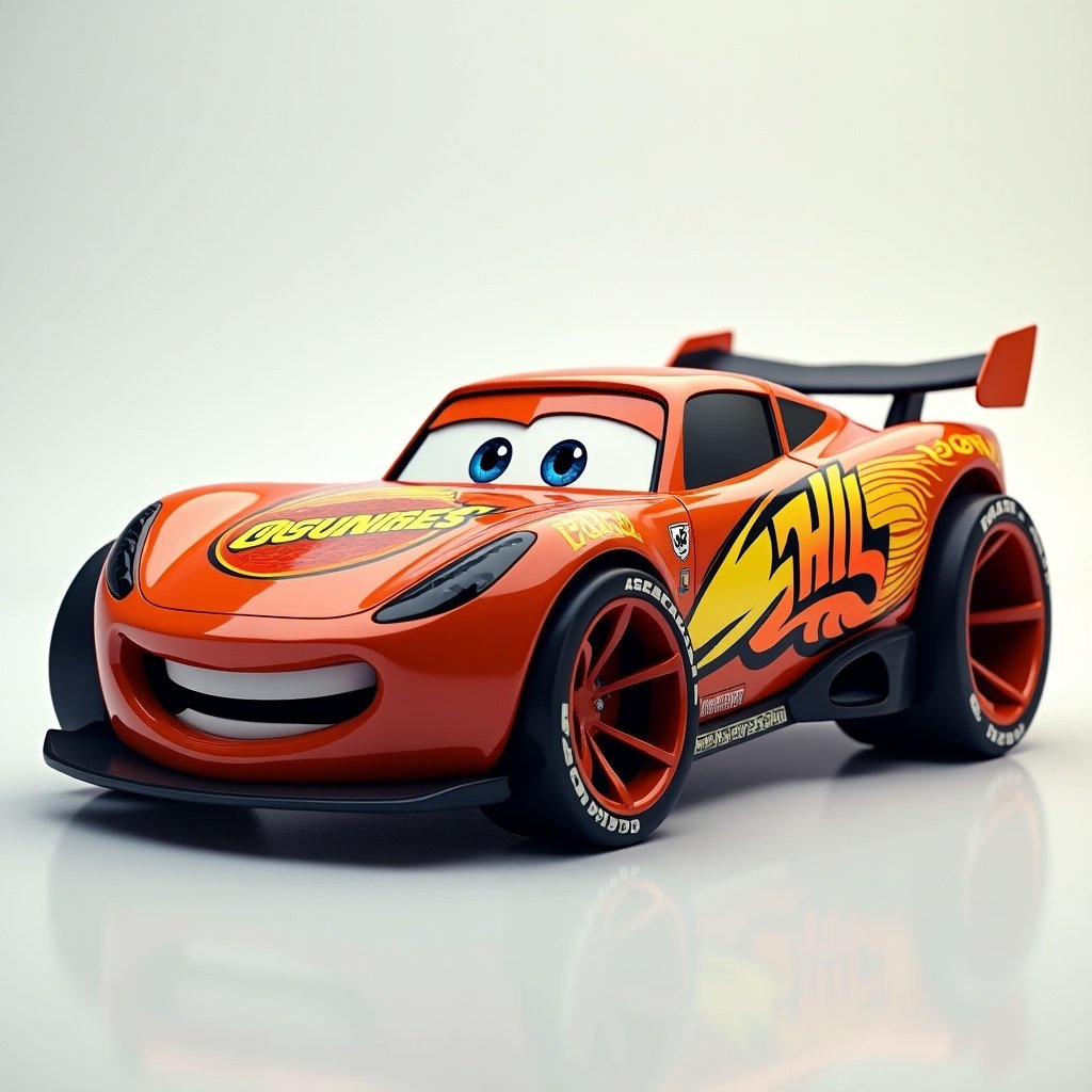 A vibrant and modern hot wheels design concept car with cartoonish features. The car is red with yellow and orange flame graphics and has a friendly face with big expressive eyes. It features sporty wheels and an aerodynamic shape.