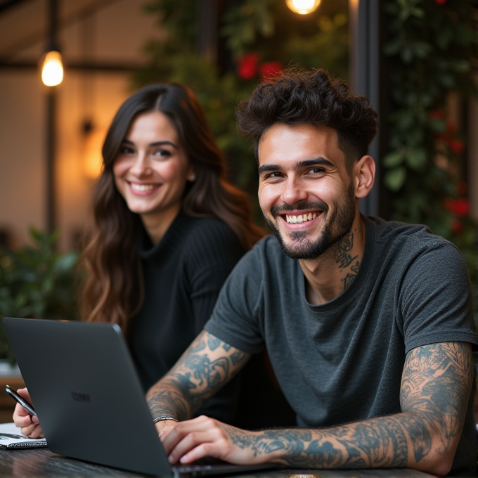 A man with tattoos and a woman, both smiling, are sitting at a table with a laptop in a cozy cafe setting.