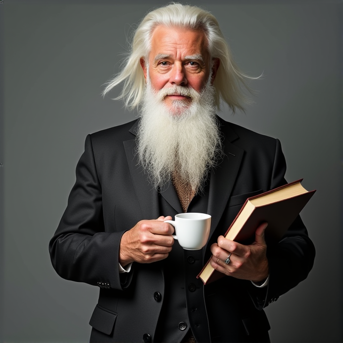 An elderly man with a long white beard and flowing hair holds a book and a white cup, dressed elegantly in a black suit.