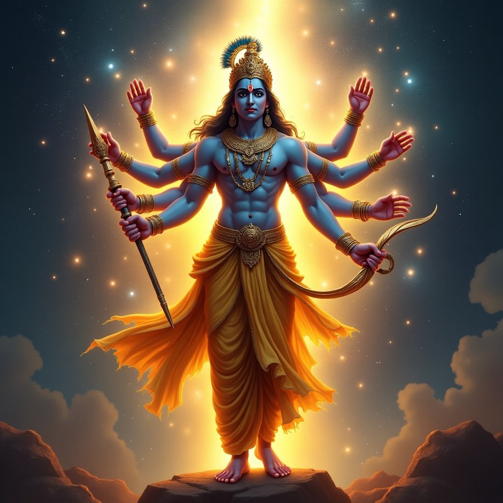 Digital painting of Lord Krishna in Vishwaroop form. Glowing divine light around him. Multiple arms holding weapons. Galaxies and stars swirling. Dressed in golden attire and a peacock-feathered crown.