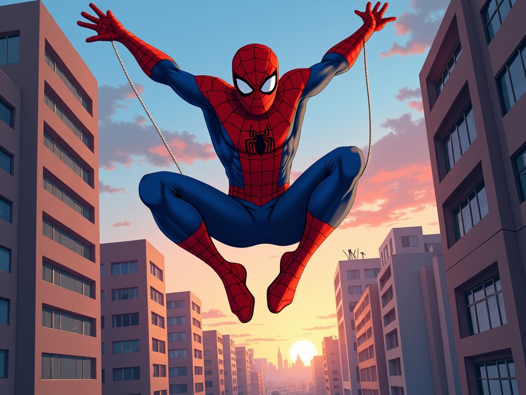 The image features Spider-Man, a famous superhero, gracefully swinging through a cityscape at sunset. The character is dressed in his classic red and blue costume, showcasing his agility and strength. Buildings surround him, reflecting the warm colors of the setting sun. The scene captures the essence of urban life, emphasizing the contrast between the superhero and the city. This illustration evokes a sense of adventure and excitement associated with Spider-Man's character.