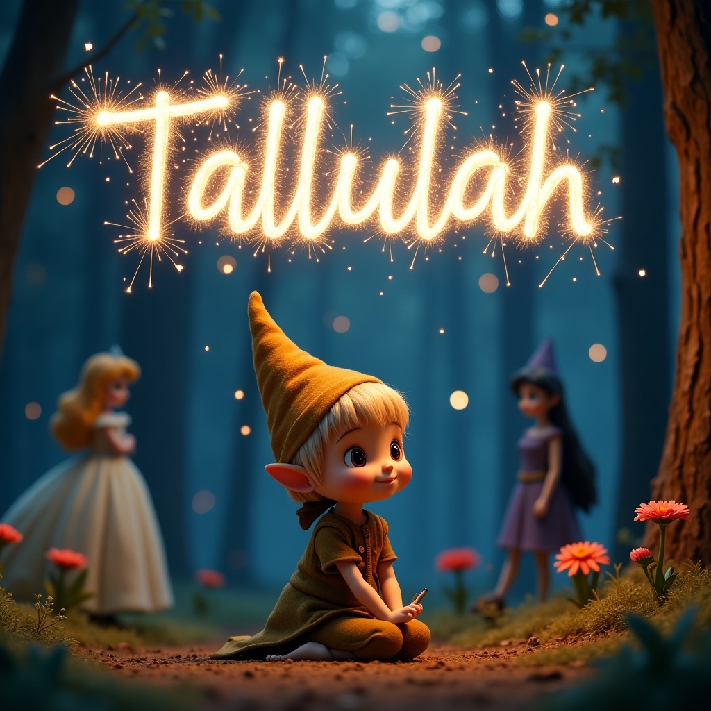 This image features a magical woodland scene at night. In the foreground, a young pixie elf sits quietly, her short blonde hair and brown eyes shining in the soft light. The background showcases two princesses reminiscent of classic fairy tales. Above, the name 'Tallulah' is creatively written in glowing sparklers, adding a whimsical touch. The atmosphere is enchanting, filled with vibrant flowers and a dreamy night sky, creating a perfect fairytale moment.