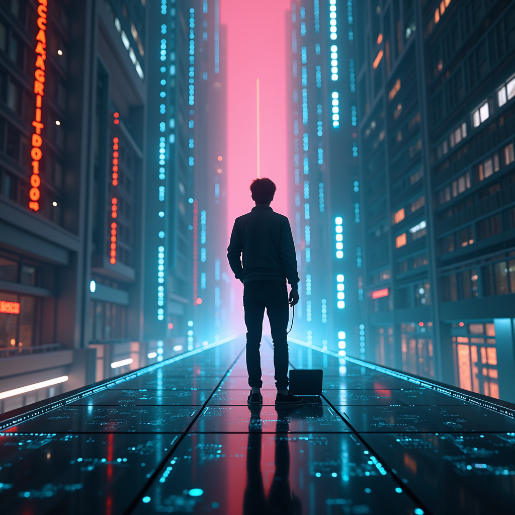 A silhouette of a person stands on a futuristic, illuminated platform, surrounded by towering skyscrapers with vibrant neon lights piercing a hazy, atmospheric scene.