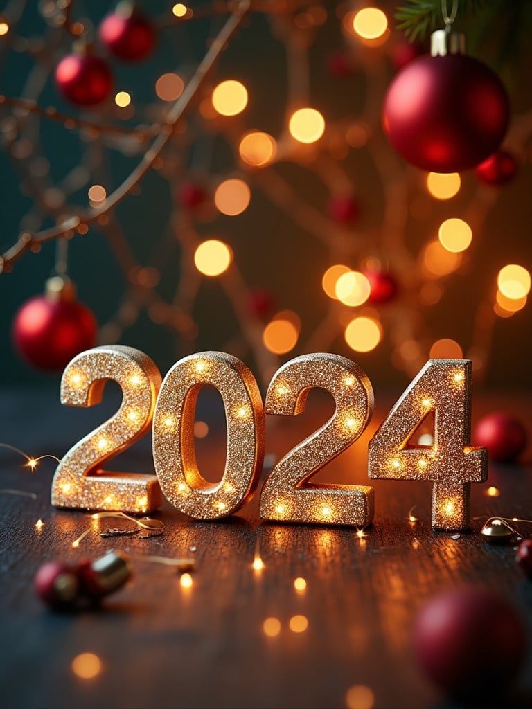 New Year 2024 displayed in sparkling numbers. Background is filled with warm bokeh lights. Red Christmas ornaments hang amongst the decorations. Wooden surface enhances the festive atmosphere.