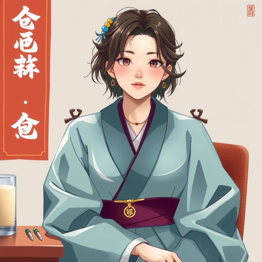 A graceful anime-style woman in a traditional blue robe with a gentle expression.