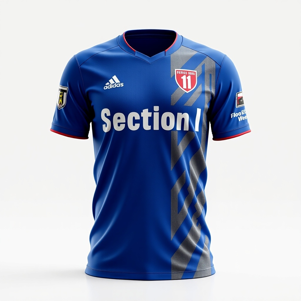 Front of a sports jersey. Bold royal blue color. Text 'Section I' in sleek font across the chest. Geometric shapes or striped elements. Team logo on left side. Sleeve features symbol of strength. Back shows player name and number in white font. V-neck collar with contrasting trim. Lightweight breathable fabric. Moisture-wicking material.