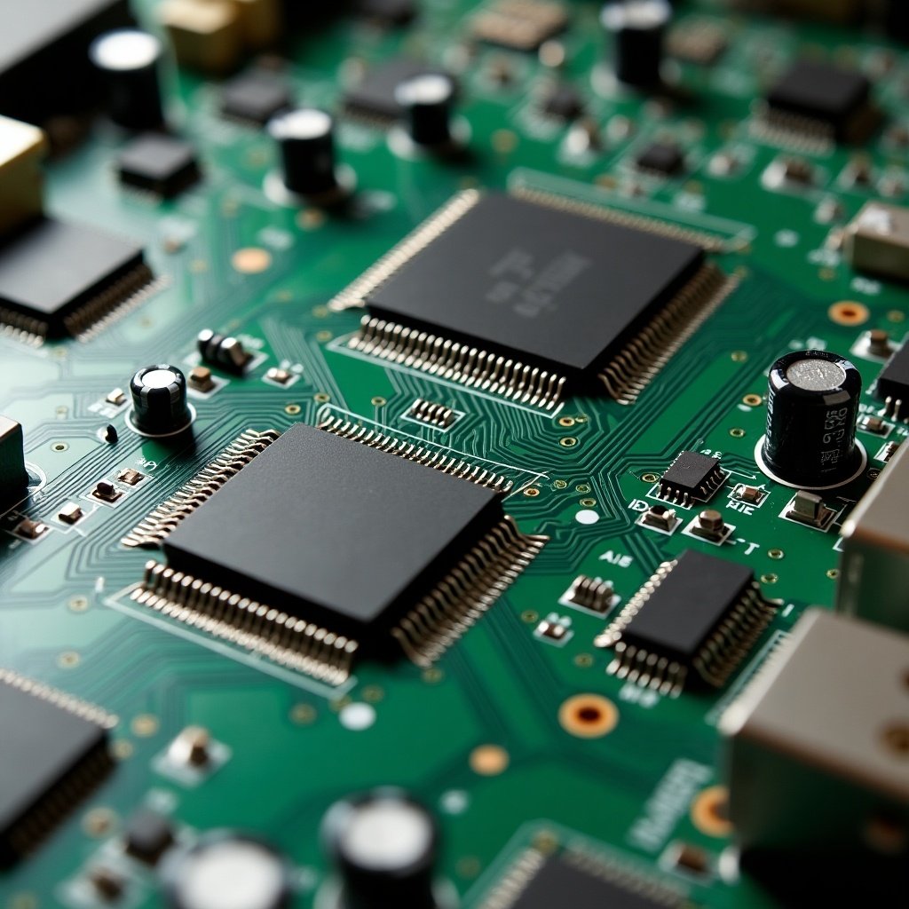 Photo of a circuit board with microchips and various electronic components in a close-up view