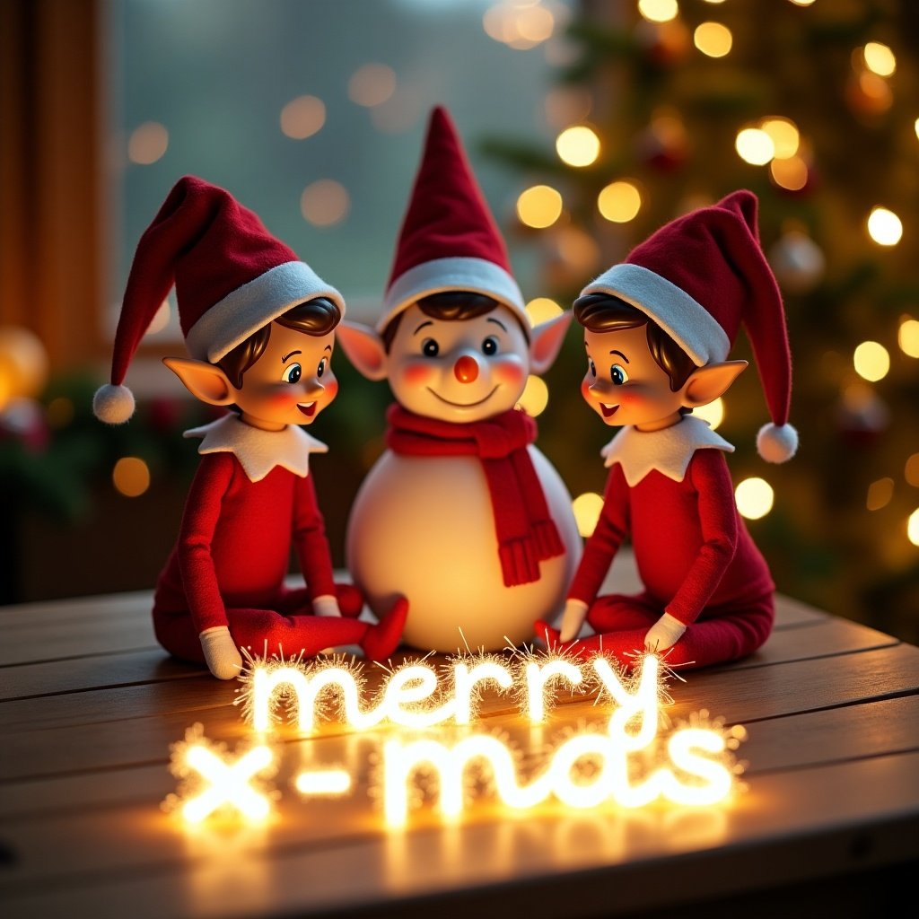 Cheerful elf and snowman interact during Christmas. They sit on wooden table with twinkling lights. Two Elfs wear red and white outfit. Snowman has a friendly smile and red scarf. Characters focus on sparkles spelling 'merry x-mas'. Scene captures holiday joy.