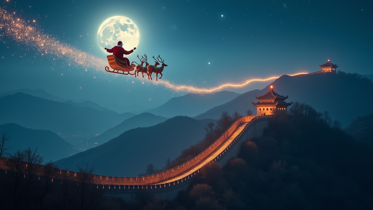 Create a magical atmosphere with Santa flying toward the camera on his sleigh. Trail of sparkles over Great Wall of China. Shot on Arriflex Alexa. Ultrarealistic.