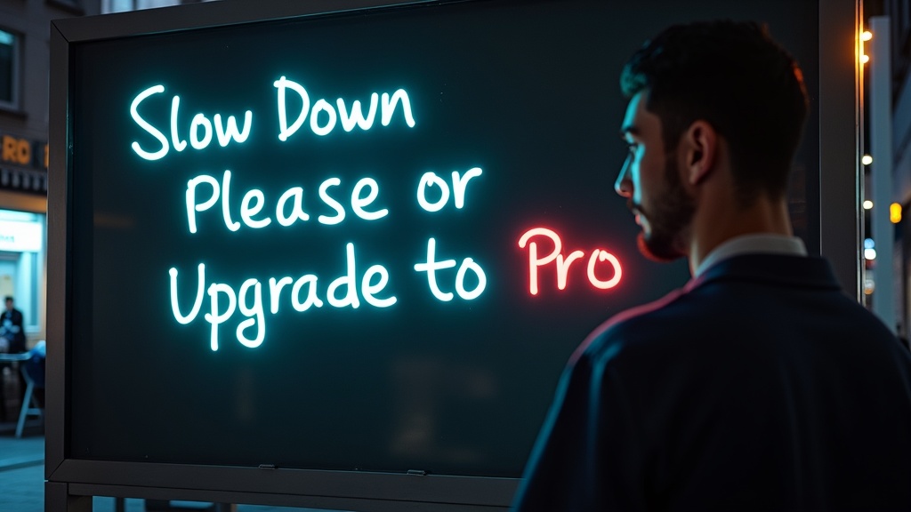 This image captures a person standing in front of an illuminated sign that reads, 'Slow Down Please or Upgrade to Pro.' The sign glows in an urban setting, with its message presented in a playful, neon-like font. The contrast between the blue and red hues of the text creates a dynamic visual effect against the darker background.