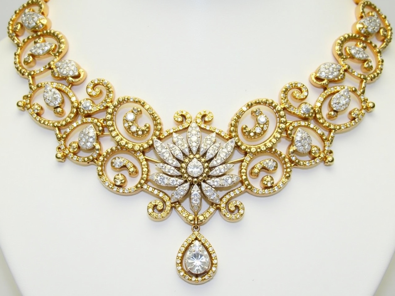 This exquisite necklace features a beautiful design crafted with gold and adorned with sparkling diamonds. The intricate patterns include elegant swirls and floral motifs, creating a timeless look. Its centerpiece is a larger diamond drop, adding a touch of sophistication. Perfect for a variety of occasions, this necklace can elevate any outfit. Women can wear this stunning piece to enhance their style, making it a delightful addition to their jewelry collection.