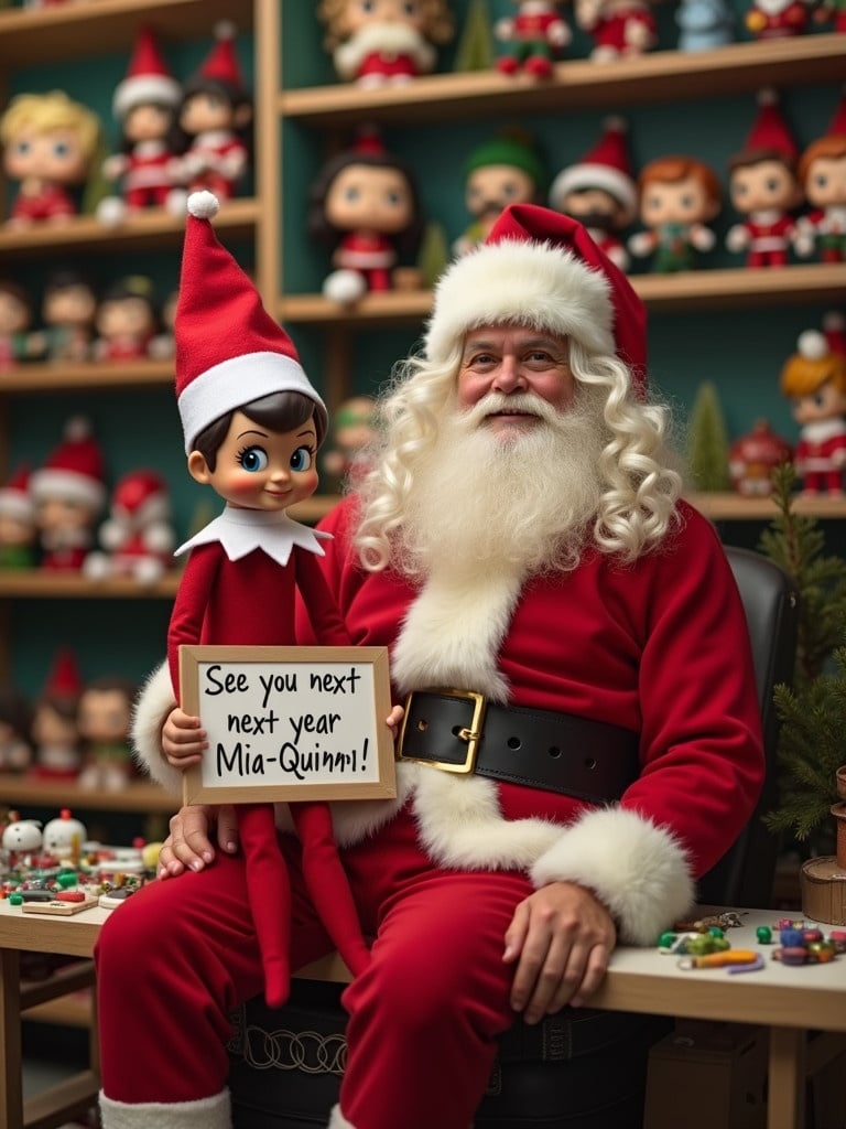 Celebrating Christmas with Elf on the Shelf and Santa Claus. Elf wears a red outfit and holds a sign. Santa is seated with a white beard. Toy workshop surroundings full of Funko Pop figures. Scenes of holiday cheer and joy.