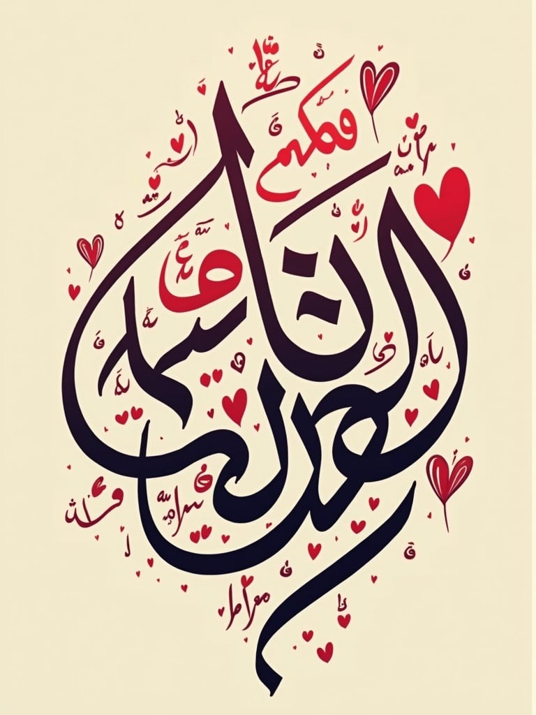 Artistic representation of Arabic calligraphy. Romantic sentences designed with love symbols. The phrase is beautifully integrated with heart shapes and elegant strokes. The overall design is visually appealing and invites admiration for its artistry.