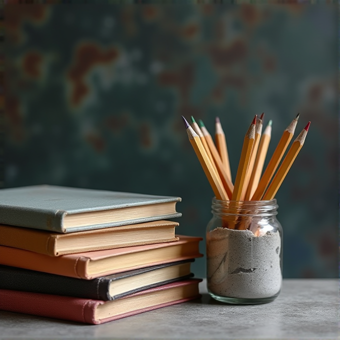 A stack of closed books sits beside a glass jar filled with pencils embedded in sand, set against a blurred, artistic backdrop.