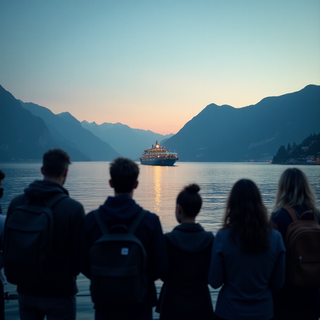 A group of people observing a serene seascape. A glowing ship in the distance. Majestic mountains in the background. Sunset creates warm lighting. People appear contemplative.