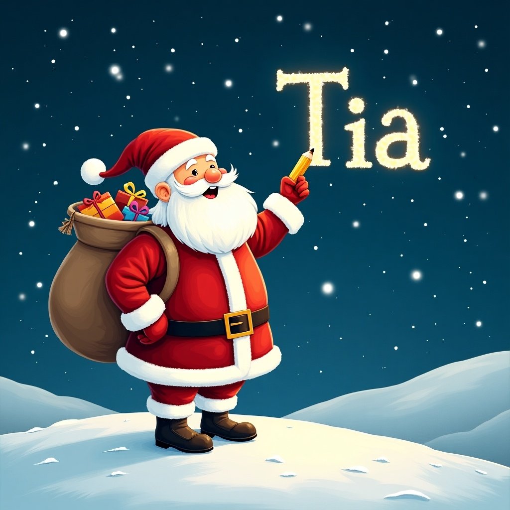 Santa Claus stands on a snowy hill under a starry night. He writes names in the sky with a pencil. He is dressed in red and white with a large sack of gifts on his back. The name 'Tia' appears in a whimsical font.