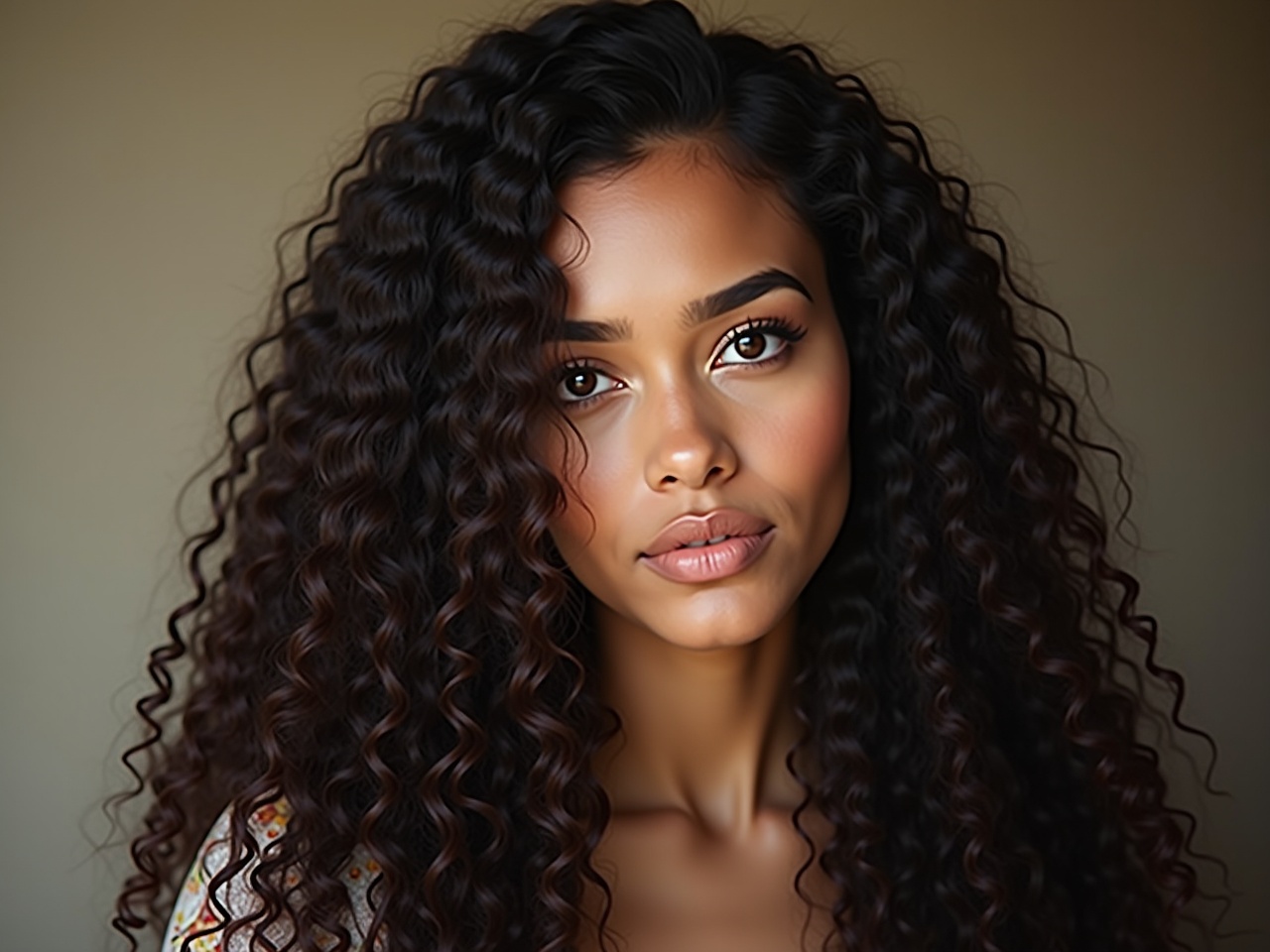 The image features a woman from Indonesia with long, spiral hair that accentuates her natural beauty. She has large, expressive eyes and a captivating smile, capturing the essence of elegance. Her curls frame her face, giving her a soft yet striking appearance. The background is neutral, allowing her features to stand out prominently. This portrait embodies confidence and grace, making it an ideal representation of modern beauty.