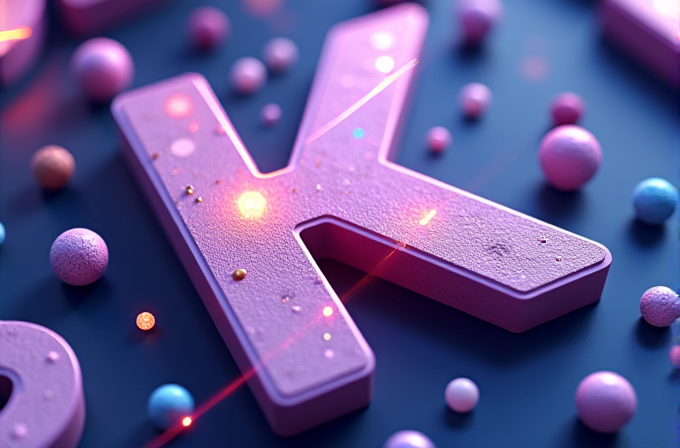 A large pink letter 'K' surrounded by glowing colorful spheres on a dark background.