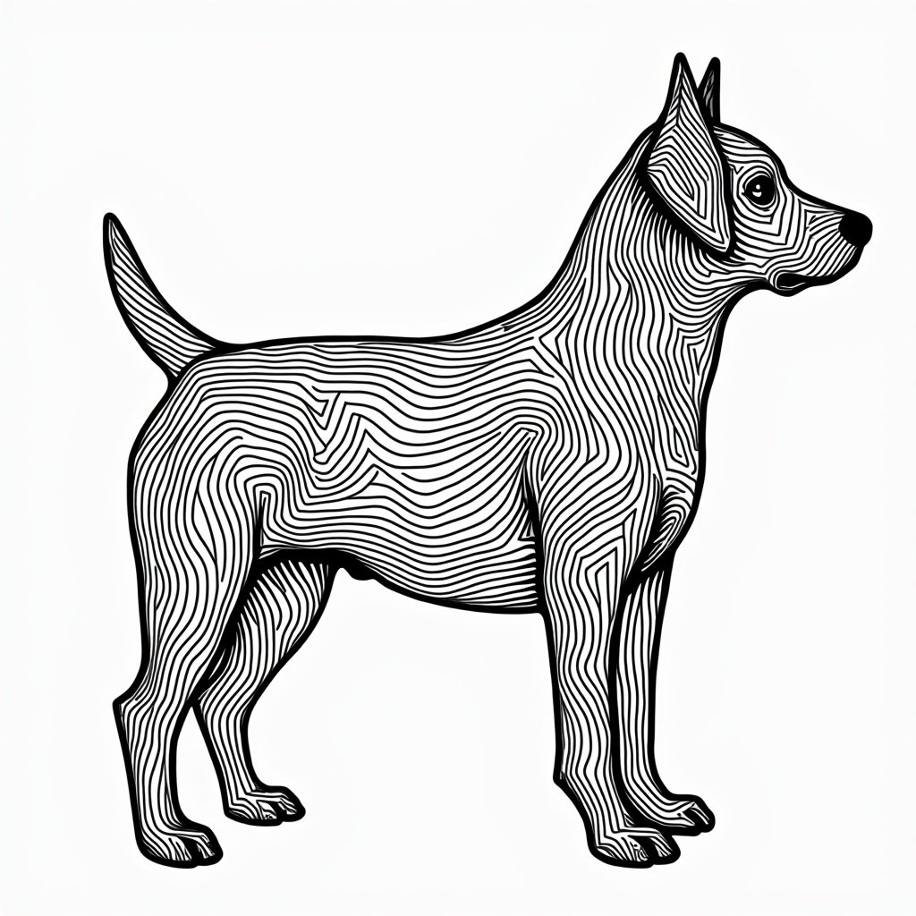 Outline of a dog for coloring, featuring intricate patterns in thick lines, designed for coloring activities, no color included.