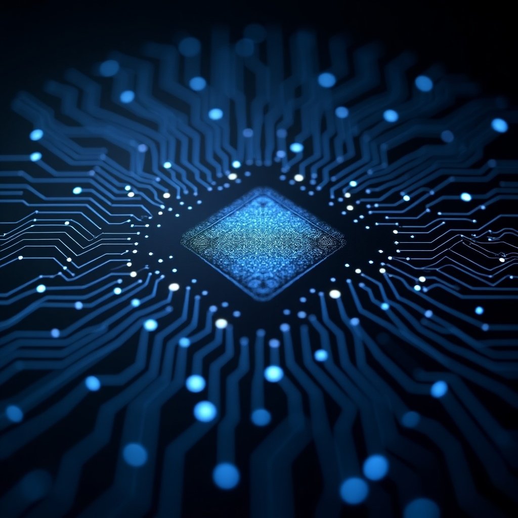 Illustration of RFID waves emanating from a central chip. Circuit board design with blue neon lines and connections. High-tech visualization of digital communication.