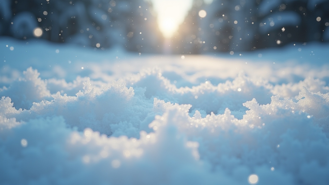 This image captures a serene winter scene with a close-up shot of fresh, powdery snow blanketing the ground. Flurries of snow are gently falling, creating a magical atmosphere. The soft light from a low sun highlights the glistening snowflakes, adding warmth to the cool tones. The focus on the snow creates a sense of peaceful isolation. The background hints at a forest, contributing to the tranquil mood of the landscape.