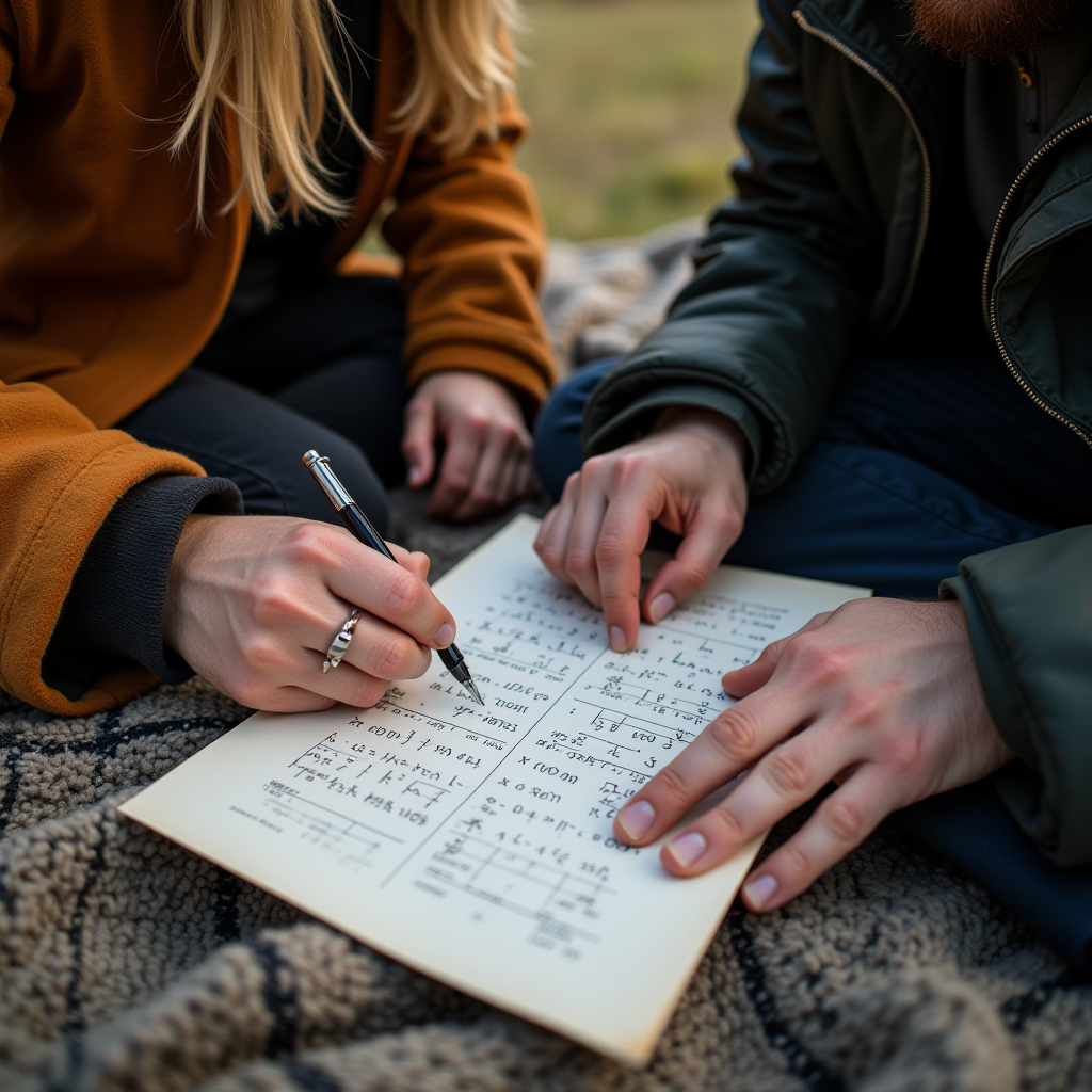 Two people are sitting close together, reviewing a handwritten page filled with mathematical equations.