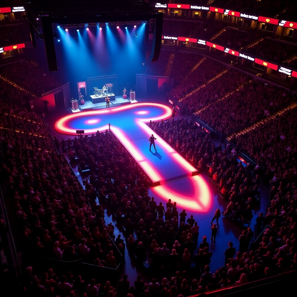 Roddy Rich concert at Madison Square Garden. T-shaped stage runway with an aerial viewpoint. Large audience gathered in the venue. Colorful stage lighting adds to the atmosphere.