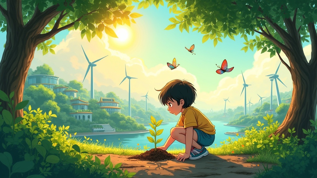 A solarpunk-inspired comic-style illustration. A young child kneels on vibrant soil planting a small sapling. Warm sunlight filters through leaves. There are wind turbines and solar panels in the background. Birds and butterflies flutter around. Soft textures and dynamic lighting create a rich atmosphere.