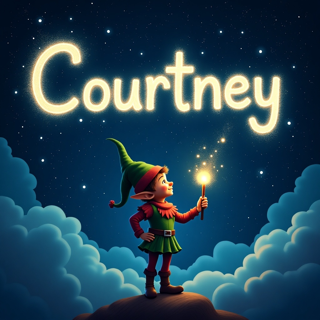 An elf uses a magical wand to write the name 'Courtney'. The letters are sparkling against a starry night sky. Dark clouds are below the scene. The elf wears colorful clothing, contributing to a whimsical atmosphere. Twinkling stars enhance the magical effect.