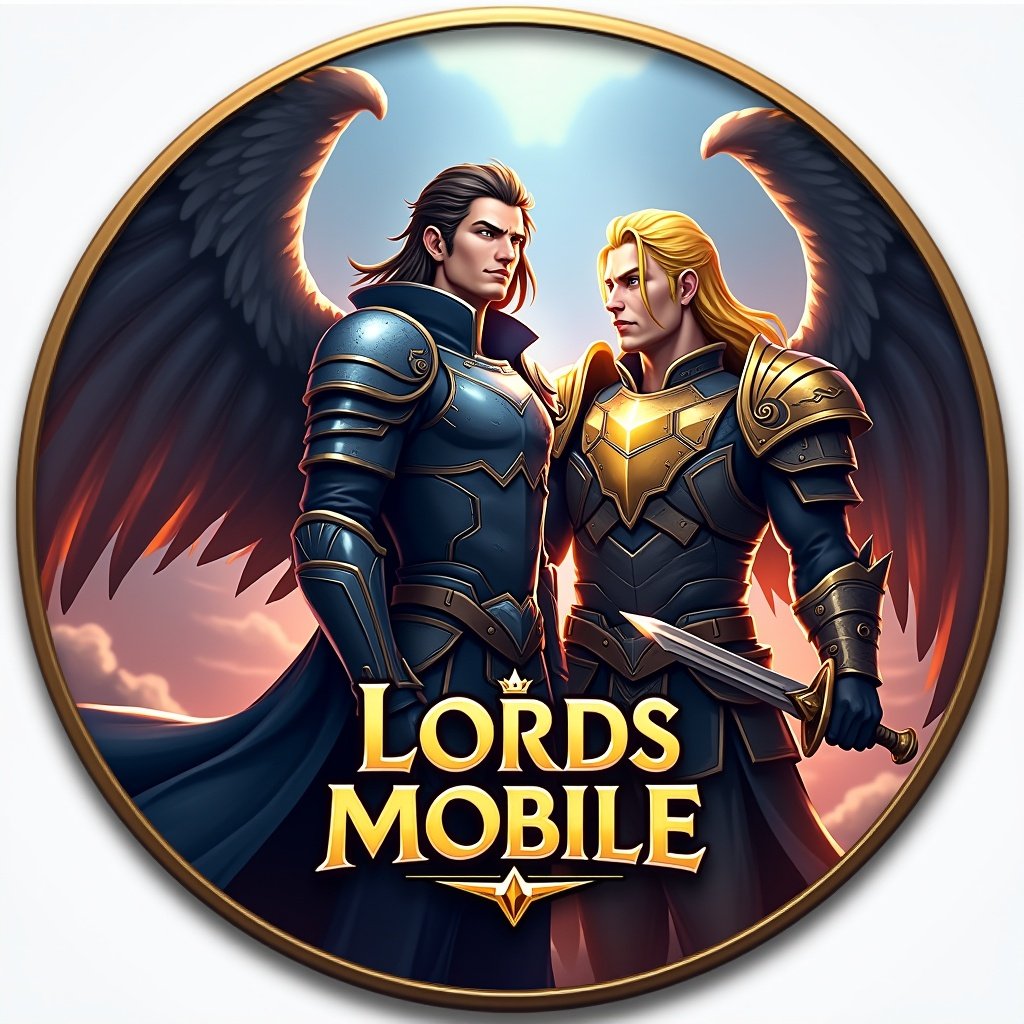 Create a badge for the game Lords Mobile. The design features two hero characters, one with dark wings in dark armor and another majestic warrior in golden armor with blue accents. The warrior has striking yellow hair and is holding a sword. The background is set in a fantasy realm with dramatic lighting and vibrant colors. The text 'Lords Mobile' should be prominently displayed. The display area diameter is 58mm and requires a production area of 70mm. The design should be created in CMYK color mode for printing.