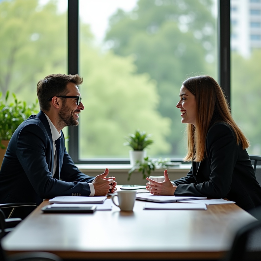 The image depicts two professionals engaged in a conversation in a modern office setting. They are sitting across from each other at a table filled with documents and coffee cups. The man is wearing glasses and a dark suit, while the woman is also dressed in professional attire. Both appear animated and engaged, conveying a sense of collaboration and teamwork. Large windows provide ample natural light that brightens the space, showcasing a lush green view outside. This scene captures the essence of effective communication in a corporate environment.