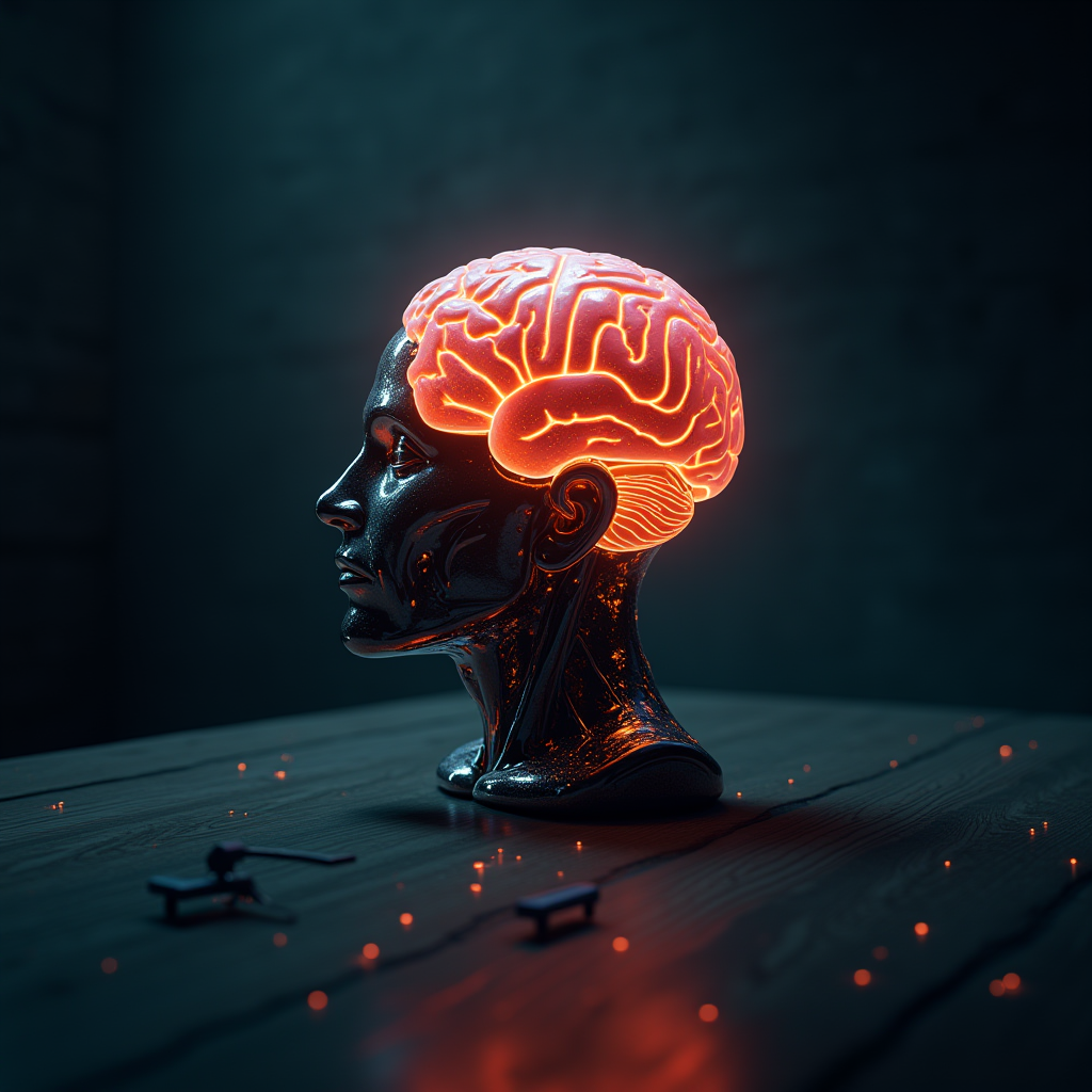 A metallic head with a glowing brain sits on a wooden surface.