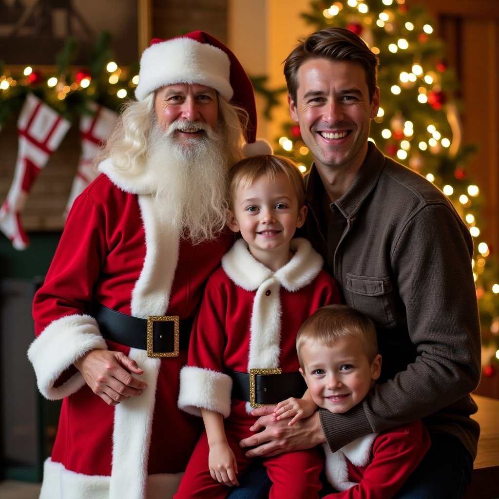 Family dressed in festive Christmas attire posing with Santa Claus. Cozy holiday atmosphere with decorated background. Warm lighting and joyful expressions.