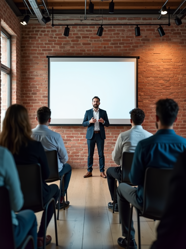 A man is giving a presentation to a small audience in a room with brick walls.