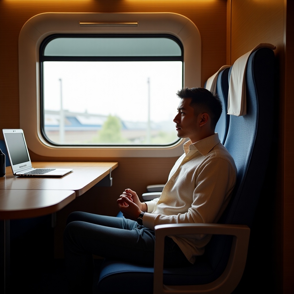 First class seat on the bullet train with a person seated at a table. Warm lighting from the window creates a cozy atmosphere.