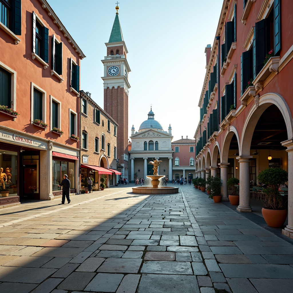 A picturesque street with colorful buildings, a central fountain, and an elegant clock tower in the background.