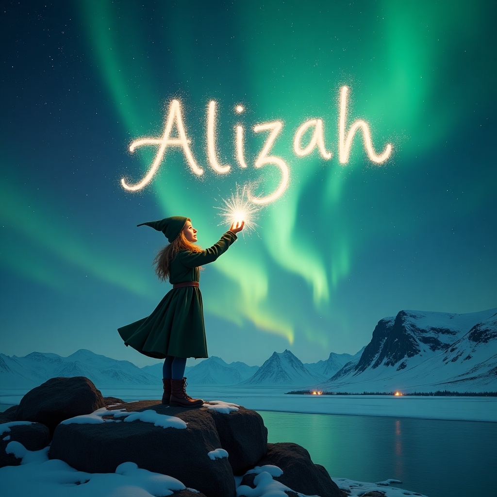 In a magical landscape, a girl dressed as an elf stands on a rock at night, gazing at the sky. She casts sparkles of magic into the air, creating an enchanting scene. The northern lights arc majestically overhead, bathing the surroundings in an ethereal glow. Snow covers the ground, contrasting with the dark rocks around her. Her expression is one of wonder and adventure as she seemingly writes the name Alizah in the sky with her magic sparkles.