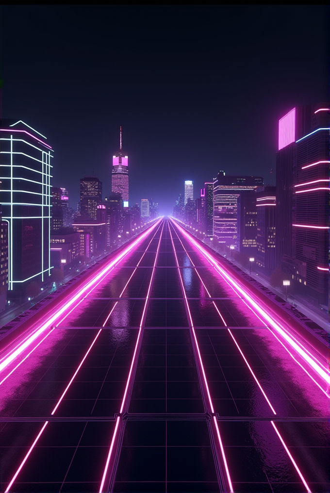 A futuristic cityscape at night with glowing neon pink lights outlining a sleek, wet highway flanked by modern skyscrapers.