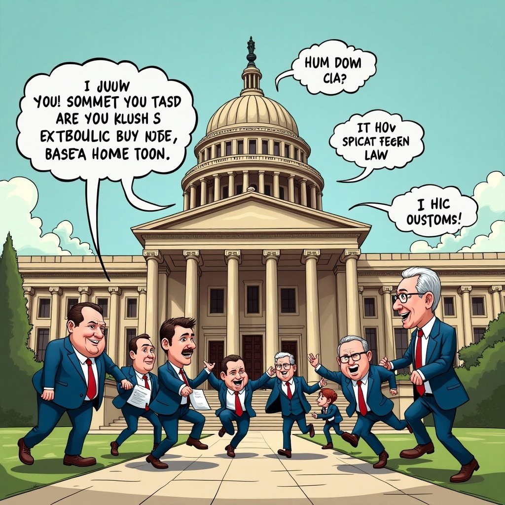 A satirical illustration of politicians running towards the viewer outside the Capitol building. Characters are dressed in suits and engaged in exaggerated actions and expressions to depict a humorous take on government behavior.