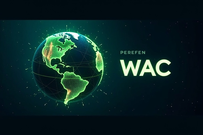 Departure from dark blue starry background encapsulating a globe. The globe emits a captivating glow and showcases vibrant green connection lines. Bold white text reads 'WAC' in Montserrat font positioned at the top-right corner. Subtle particles suggest growth and renewal.