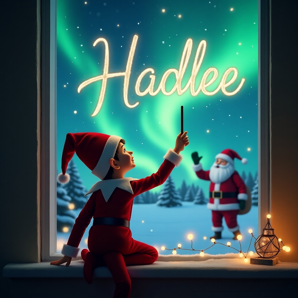 The scene shows an enchanting classic Christmas setting. An elf, dressed in a festive red outfit with a matching hat, is positioned with his back facing the viewer. He raises a wand to spell out 'Hadlee' in the night sky. In the background, the beautiful northern lights illuminate the serene winter landscape. Santa Claus, dressed in his iconic suit, is visible, adding to the holiday cheer. The warm glow from string lights enhances the cozy atmosphere of the scene, evoking feelings of joy and magic.