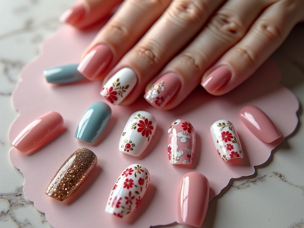 A set of intricately designed nails featuring floral patterns and various pastel colors, displayed on a soft pink background.