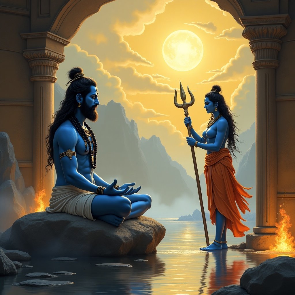 Shiva in blue giving blessing to someone sitting in meditation. Arjuna sits in a meditative pose. Long hair is tied back with intense focus. Clad in simple white attire. Soft divine aura surrounds him. Chamber features wood and stone decor. Murals depict heavenly scenes. Urvashi enters gracefully in flowing shimmering attire. Powerful and serene blue figure on rock by tranquil river. Figure holding a trident adorned with jewelry and an orange shawl. Full moon and rugged mountains enhance atmosphere.