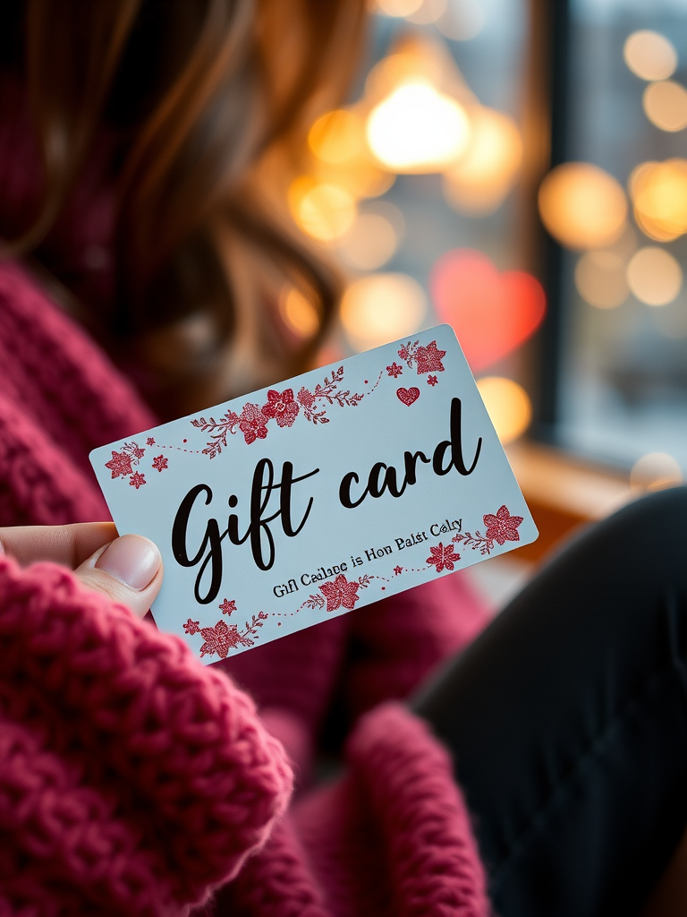 A person in a red sweater holds a floral gift card with warm lights in the background.