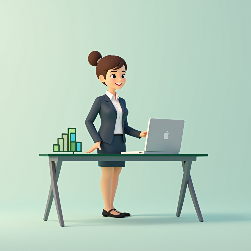 A 3D illustration of a businesswoman standing at a desk with a laptop and bar chart, exuding a professional and approachable presence.