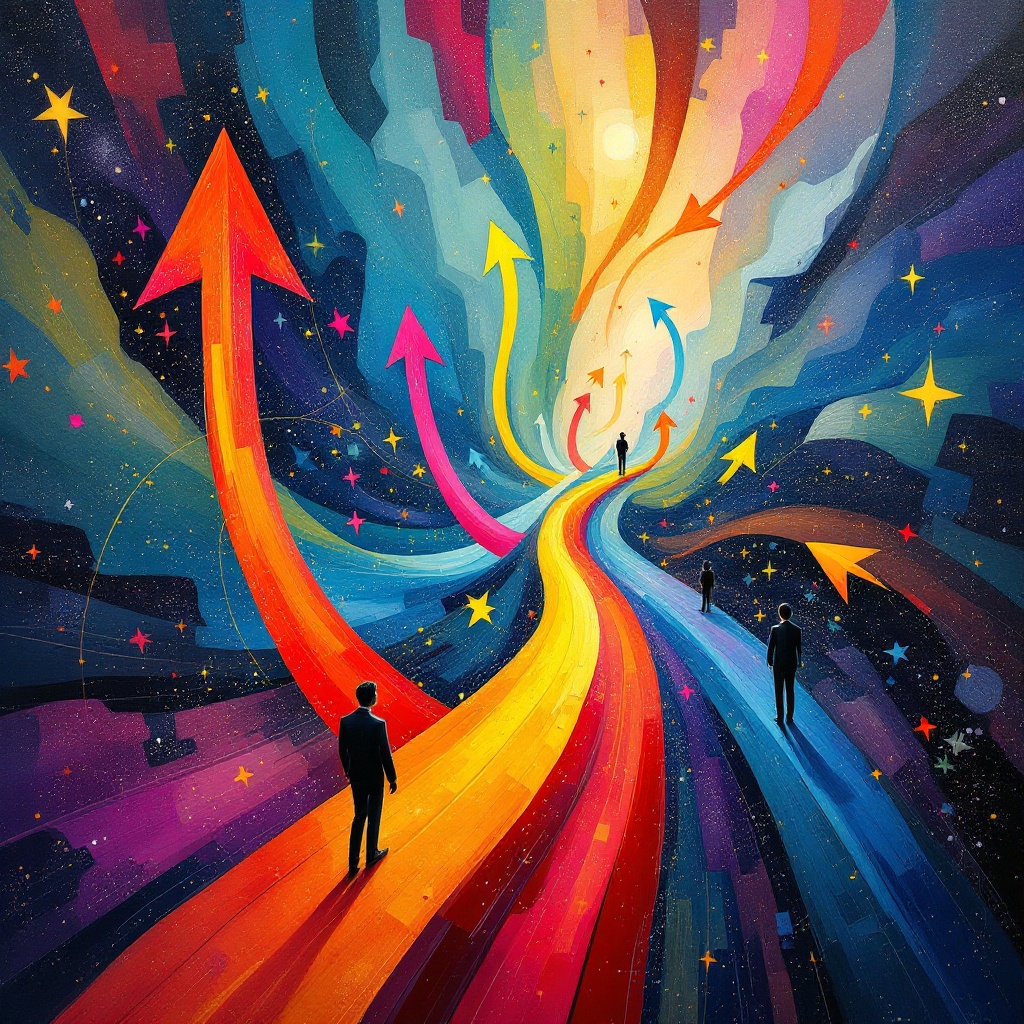 Surreal design of earthly companionship with arrows. Arrows create dynamic channels symbolizing careers and alliances. Abstract style with bold and vibrant colors to capture attention.