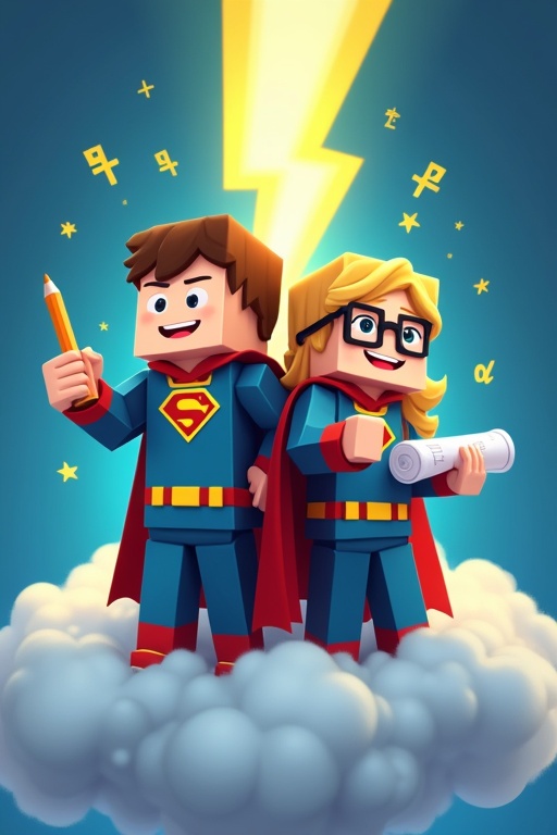 Two children back to back. The boy is holding a pencil while the girl is holding a rolled up test. Boy has brown hair and wears glasses. Both children wear superhero costumes with capes. Background is vibrant with a blue gradient and a large yellow lightning bolt.