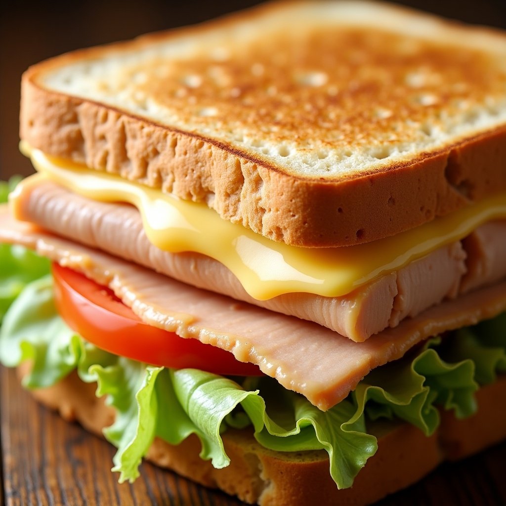 Close-up of a toast sandwich with smoked turkey, melted cheese, iceberg lettuce, tomato, and mayonnaise.