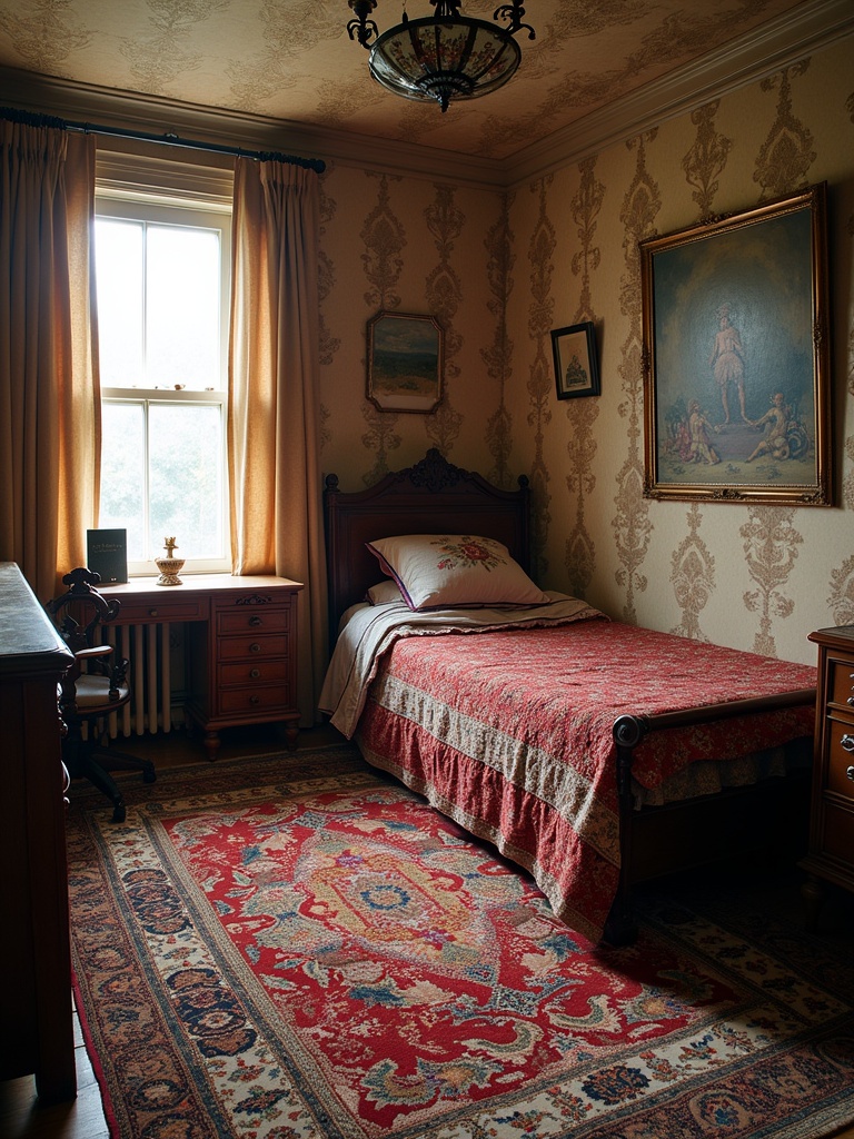 A vintage bedroom with Persian decor. Features a small bed with a patterned cover. The room includes an ornate chandelier and a large window. Decorated with floral wallpaper and antique furniture. A Persian rug covers the floor.